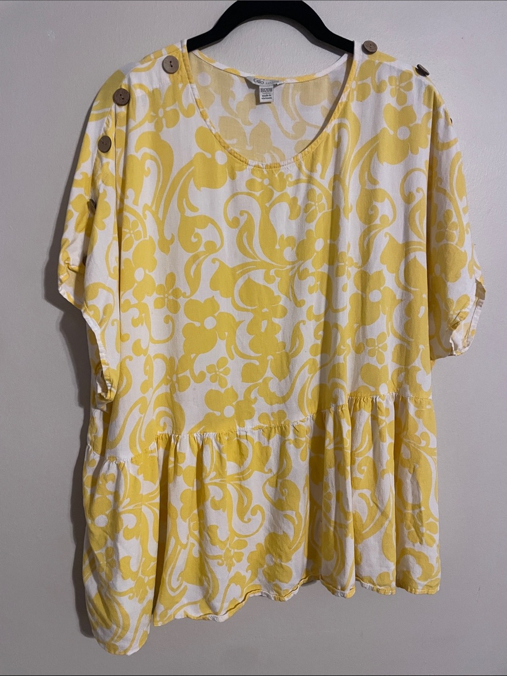 Cato White & Yellow Floral Peplum Top with Button-Shoulder Detail